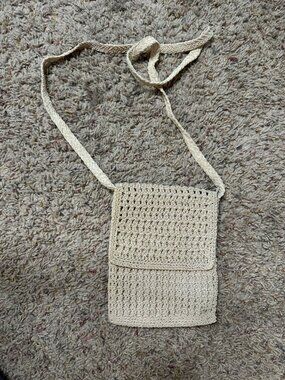 Beige Crochet Crossbody Bag 100% Rayon Lightweight Small Purse Flap Closure